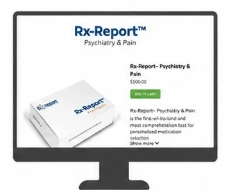 Page produit du Rx Report Psychiatrie et douleur avec la boîte de la trousse de test